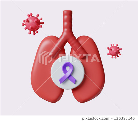Lung Cancer Awareness Concept with Purple Ribbon. World Cancer Day concept, February 4. Raise awareness, prevention, detection, treatment. Icon design 3d illustration 126355146