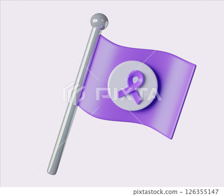 Cancer Awareness Flag with Purple Ribbon. World Cancer Day concept, February 4. Raise awareness, prevention, detection, treatment. Icon design 3d illustration 126355147