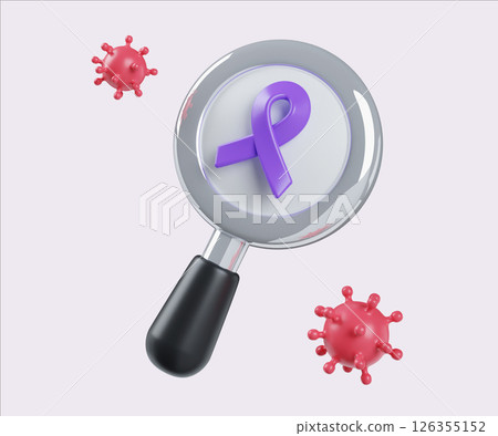 Magnifying Glass Inspecting Cancer with Ribbon. World Cancer Day concept, February 4. Raise awareness, prevention, detection, treatment. Icon design 3d illustration Magnifying Glass Inspecting Cancer with Ribbon. World Cancer Day concept, February 4. Raise awareness, prevention, detection, treatment. Icon design 3d illustration 126355152