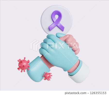 Handshake Symbolizing Partnership in Cancer Awareness. World Cancer Day concept, February 4. Raise awareness, prevention, detection, treatment. Icon design 3d illustration 126355153