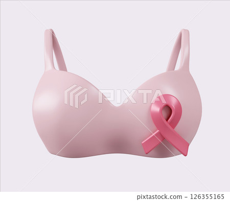 Breast Cancer Awareness Pink Bra with Ribbon. World Cancer Day concept, February 4. Raise awareness, prevention, detection, treatment. Icon design 3d illustration 126355165