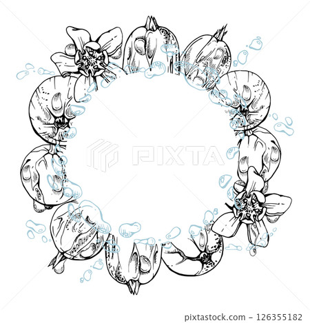 Gooseberry Currant berries wreath flying with water splash, flowers dew drops hand drawn in vector ink. Ripe garden casseille jostaberry. Isolated circle frame. Fresh grocery, home preserves cookbook 126355182