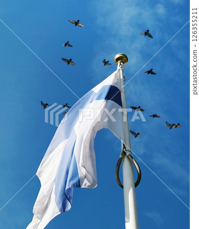Waving Finland Flag Against Sky Background 126355211