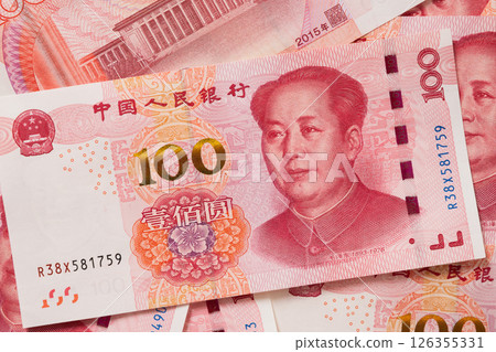 Chinese One Hundred Yuan Banknotes. Chinese paper currency Yuan renminbi banknotes as background. Close up. Chinese One Hundred Yuan Banknotes. Chinese paper currency Yuan renminbi banknotes as background. Close up. 126355331