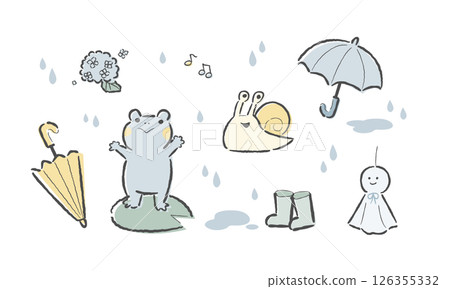 Set of hand-drawn illustrations of cute animals and items for the rainy season 126355332