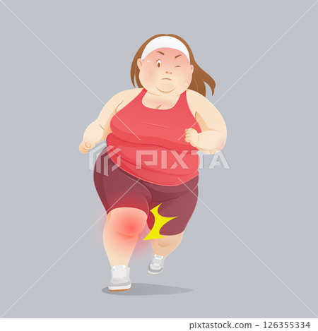 An obese woman experiencing knee joint pain as a result of excessive running. An obese woman experiencing knee joint pain as a result of excessive running. 126355334