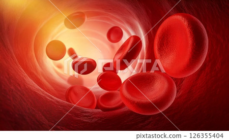 3D illustration of red blood cells moving inside blood vessels in the body Medical material 126355404