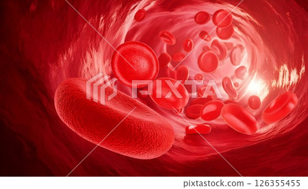 3D illustration of red blood cells moving inside blood vessels in the body Medical material 126355455