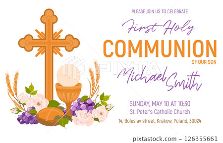 Square frame with first communion symbols. Vector. Composition from a golden bowl for wine, bread, wine, grapes, white roses. Beautiful design elements for an invitation to the Holy Eucharist. 126355661