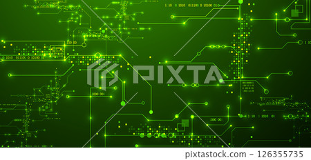 Digital circuit visualization vector background.  Green board pattern with interconnected lines, nodes, and binary code. 126355735