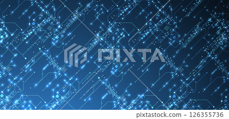 Digital circuit visualization vector background.  Blue board pattern with interconnected lines, nodes, and binary code. 126355736