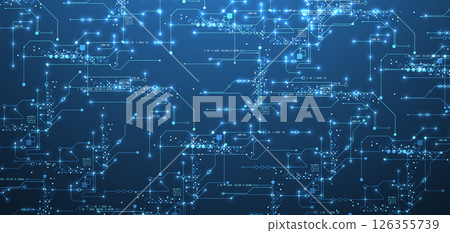 Digital circuit visualization vector background. Blue board pattern with interconnected lines, nodes, and binary code. Digital circuit visualization vector background. Blue board pattern with interconnected lines, nodes, and binary code. 126355739