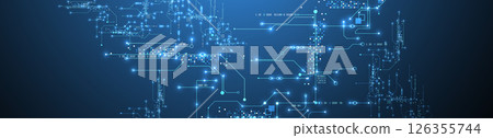 Digital circuit visualization vector background. Blue board pattern with interconnected lines, nodes, and binary code. Digital circuit visualization vector background. Blue board pattern with interconnected lines, nodes, and binary code. 126355744