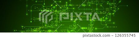 Digital circuit visualization vector background.  Green board pattern with interconnected lines, nodes, and binary code. 126355745