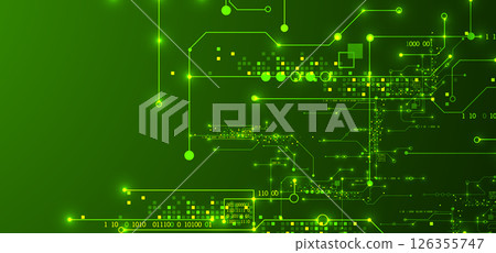 Digital circuit visualization vector background.  Green board pattern with interconnected lines, nodes, and binary code. 126355747