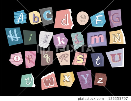 Ransom Alphabet vector font type, faded cut paper letters colorful various style font from magazine for anonymous notes Ransom Alphabet vector font type, faded cut paper letters colorful various style font from magazine for anonymous notes 126355797