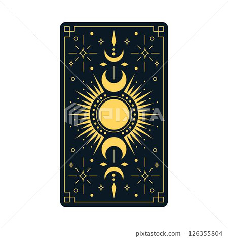 Celestial ornament tarot card vector design, golden Boho line art with mystical thin line crescent moon, stars, sun rays 126355804