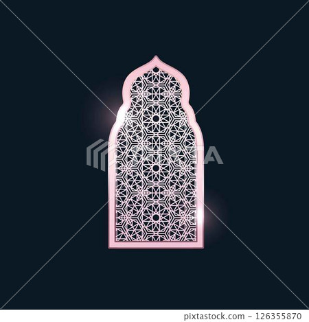Traditional Islamic Ramadan shiny pink silver window gate arch vector frame with Arabic arabesque pattern oriental style Traditional Islamic Ramadan shiny pink silver window gate arch vector frame with Arabic arabesque pattern oriental style 126355870