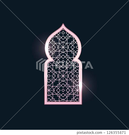 Traditional Islamic Ramadan shiny pink silver window, vector oriental gate arch frame with Arabic arabesque pattern Traditional Islamic Ramadan shiny pink silver window, vector oriental gate arch frame with Arabic arabesque pattern 126355871