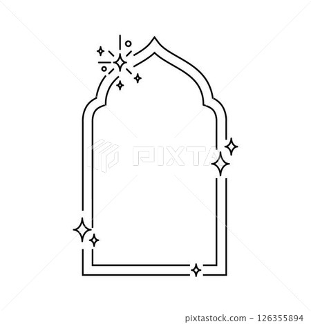 Minimalist Ramadan frame in oriental style, vector Boho line art arch border, Islamic black outline shape, sparkle stars 126355894