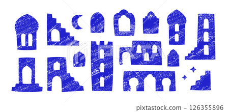 Abstract arabic blue moroccan arch, door, architecture, moon. Geometric brush vector old medina elements. 126355896