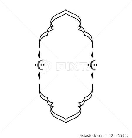 Minimalist Ramadan frame in oriental style, vector Boho line art arch, Islamic black outline shape with crescent moon 126355902