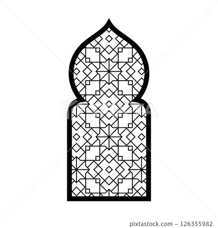 Traditional Islamic arch window gate door with arabesque oriental style, vector Ramadan black frame geometric pattern 126355982