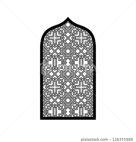 Traditional Islamic arch window or gate door frame with Arabic arabesque oriental pattern, vector Muslim Ramadan design 126355989