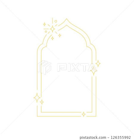 Ramadan arch frame oriental style, vector Boho line art border, Islamic golden double outline shape with sparkle stars 126355992