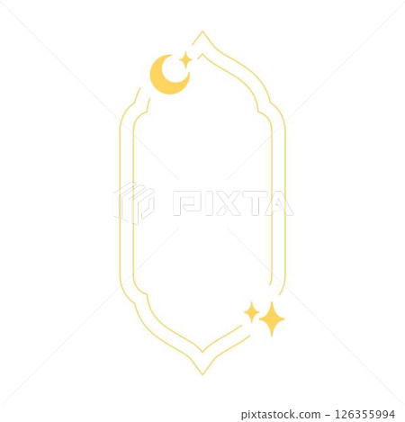 Traditional Islamic Ramadan golden decorative arch frame oriental style with crescent and stars, vector Arabic line art 126355994