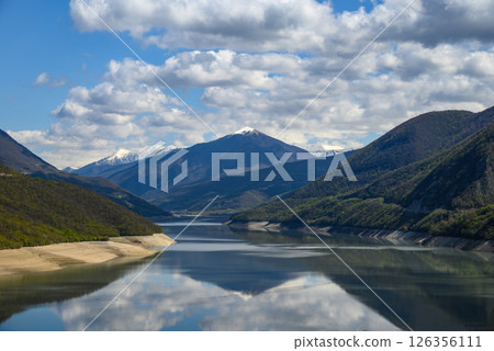 Zhinvali Water Reservoir artificial lake on the river Aragvi on Georgian Military Road north of Tbilisi, Georgia 126356111