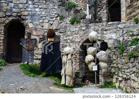 Traditional Georgian clothes on display in Ananuri castle complex in Dusheti Municipality in Georgia 126356124