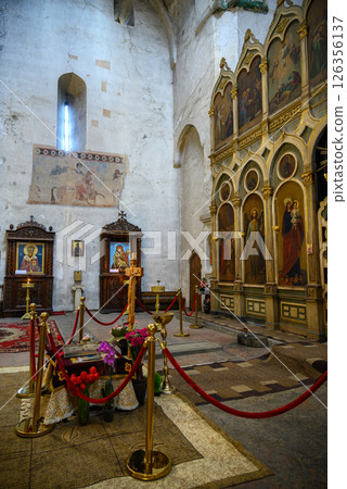 Interior of the Georgian orthodox Church of the Mother of God in Ananuri castle in Dusheti Municipality in Georgia Interior of the Georgian orthodox Church of the Mother of God in Ananuri castle in Dusheti Municipality in Georgia 126356137