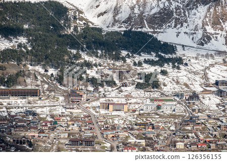 Town of Stepantsminda in Caucasus mountains along the Georgian Military Road, major route from Georgia to Russia Town of Stepantsminda in Caucasus mountains along the Georgian Military Road, major route from Georgia to Russia 126356155