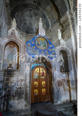 Interior of the Gergeti Trinity Church near Stepantsminda, popular tourist destination in the Caucasus in Georgia Interior of the Gergeti Trinity Church near Stepantsminda, popular tourist destination in the Caucasus in Georgia 126356159