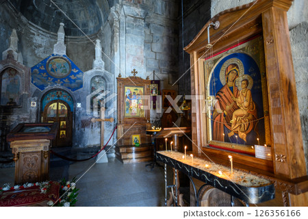 Interior of the Gergeti Trinity Church near Stepantsminda, popular tourist destination in the Caucasus in Georgia 126356166