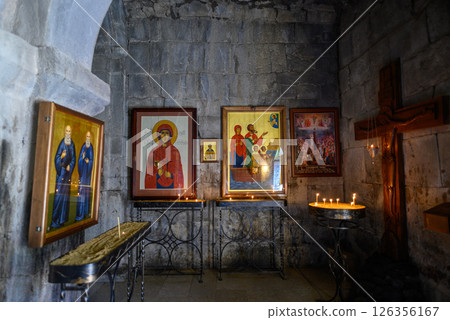 Interior of the Gergeti Trinity Church near Stepantsminda, popular tourist destination in the Caucasus in Georgia 126356167