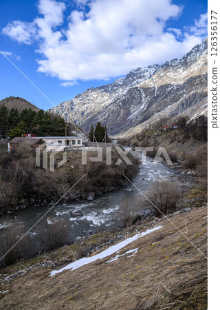 Town of Stepantsminda and Terek river valley on the Georgian Military Road, major route through the Caucasus mountains from Georgia to Russia 126356177