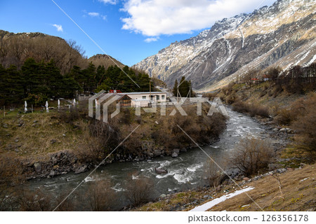 Town of Stepantsminda and Terek river valley on the Georgian Military Road, major route through the Caucasus mountains from Georgia to Russia 126356178