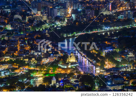 Cityscape of Tbilisi, Georgia, aerial panoramic night view from Mtatsminda Park hill 126356242