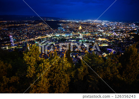 Cityscape of Tbilisi, Georgia, aerial panoramic night view from Mtatsminda Park hill 126356243