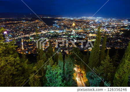 Cityscape of Tbilisi, Georgia, aerial panoramic night view from Mtatsminda Park hill 126356246