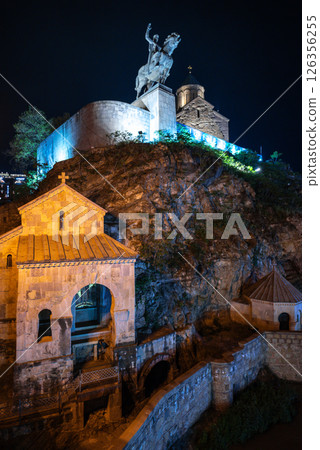 Night view of Metekhi church and King Vakhtang Gorgasali monument above Mtkvari river in Tbilisi, Georgia 126356255