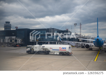 Runway of Nikola Tesla Airport in Belgrade, capital of Serbia 126356275