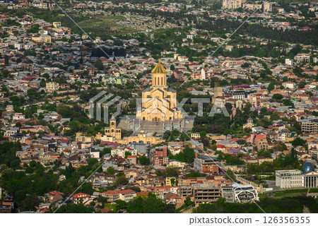 Holy Trinity Cathedral dominates the cityscape aerial view of Tbilisi, Georgia, view from Mtatsminda Park hill 126356355