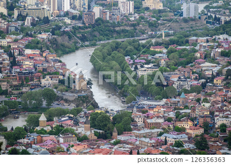 Cityscape of Tbilisi, the capital of Georgia, aerial panoramic view from Mtatsminda Park 126356363