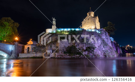 Night view of Metekhi church and King Vakhtang Gorgasali monument above Mtkvari river in Tbilisi, Georgia Night view of Metekhi church and King Vakhtang Gorgasali monument above Mtkvari river in Tbilisi, Georgia 126356416