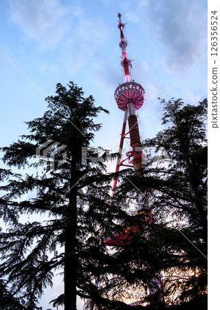 Tbilisi TV broadcasting communications tower located in Mtatsminda Park above Tbilisi, Georgia 126356524