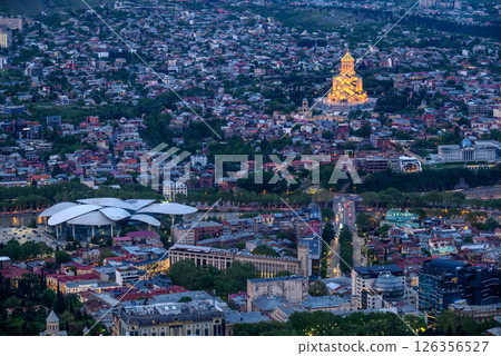 Cityscape of Tbilisi, Georgia, aerial panoramic night view from Mtatsminda Park hill 126356527
