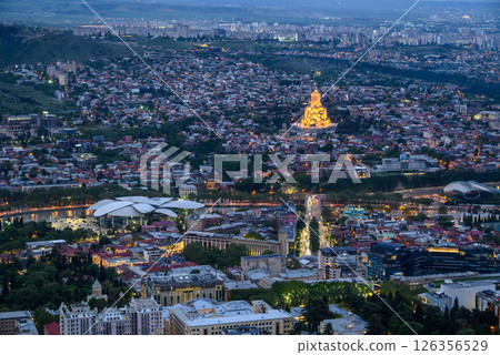 Cityscape of Tbilisi, Georgia, aerial panoramic night view from Mtatsminda Park hill 126356529